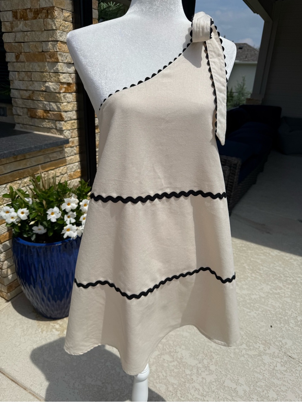 ANNA GRACE Anthropologie One Shoulder Linen Tiered Swing Dress Size L Women's